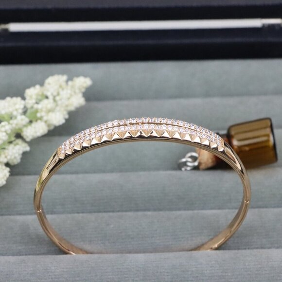 Rose Gold Bangle with Dual CZ Rows and Stud Detail, XPBL0539 - Picture 12 of 12